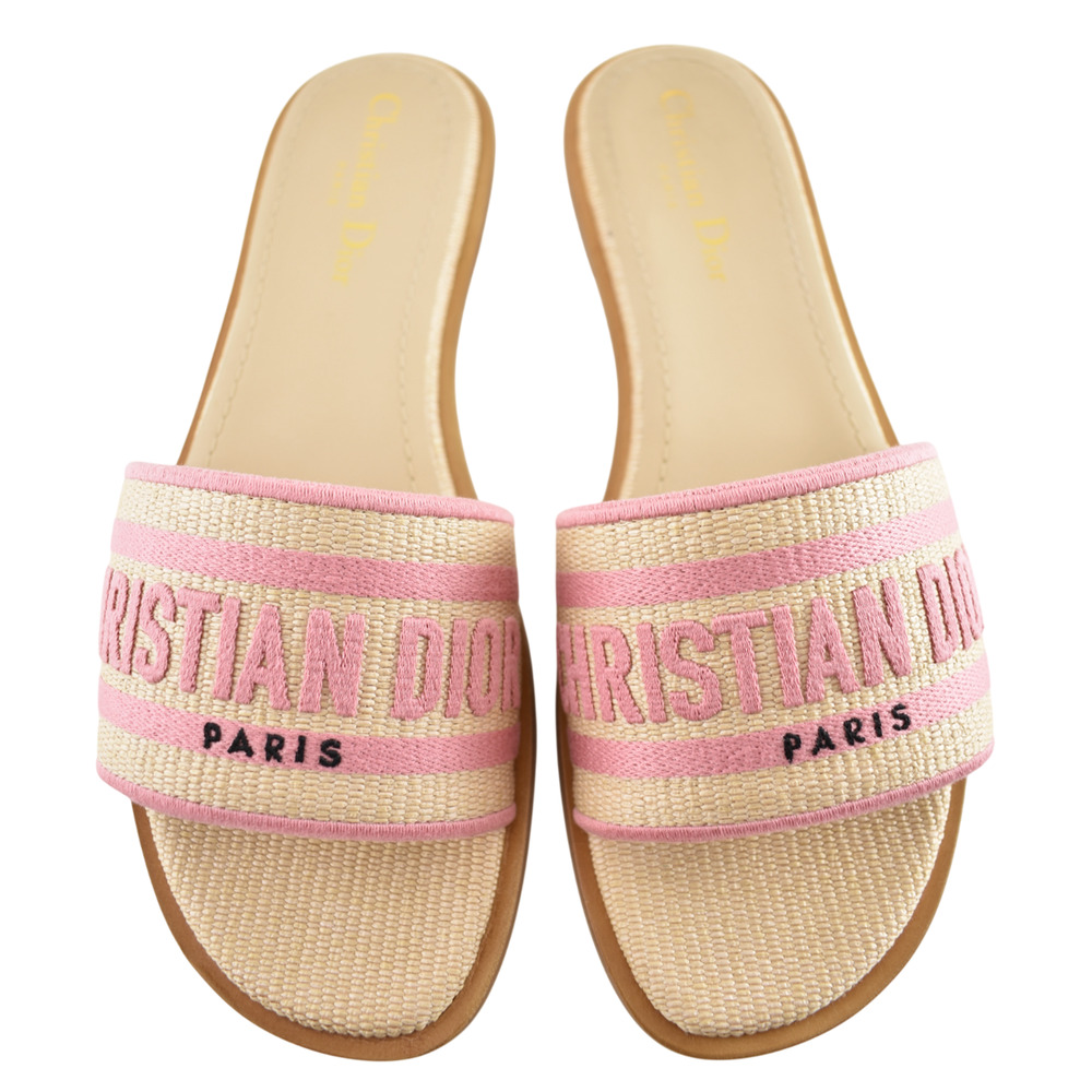 Christian Dior Dway Rose Begonia Pink Raffia Beige Logo Slide Flat Sandal 38.5 - Picture 1 of 13